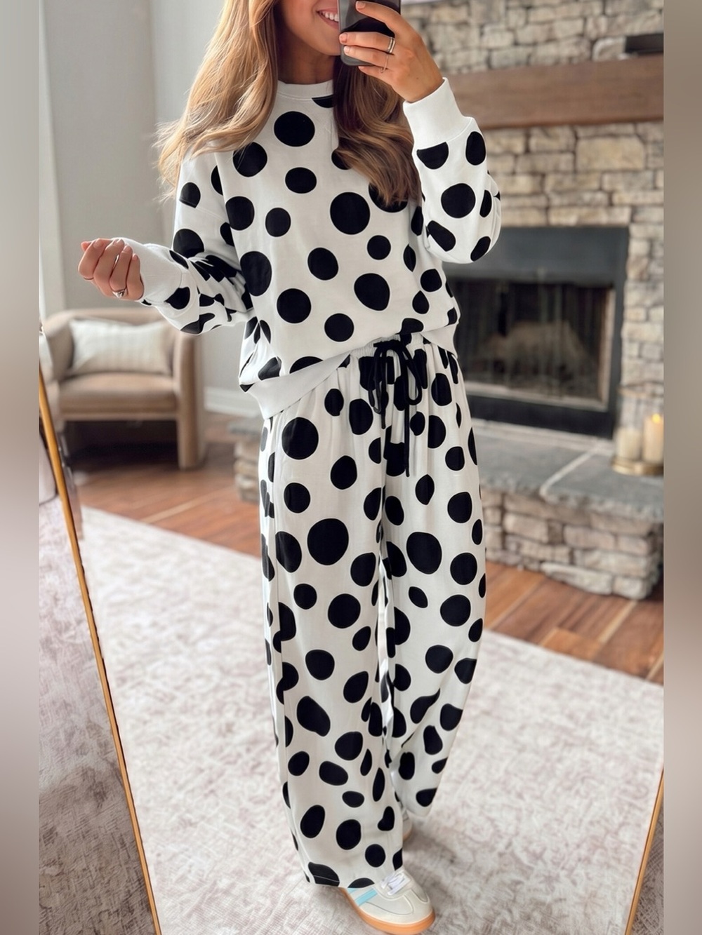 Polka Dot Print Long Sleeve Top and Wide Leg Pants Set